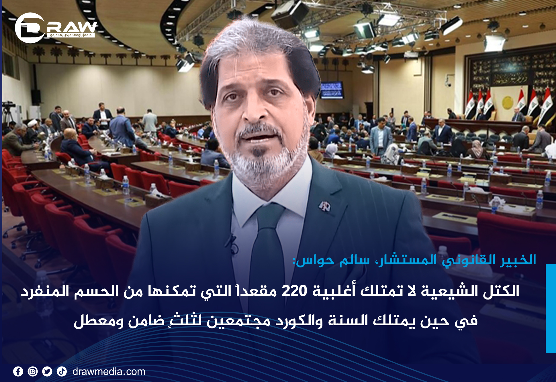 الكتل الشيعية لا تمتلك أغلبية 220 مقعداً التي تمكّنها من الحسم المنفرد، في حين يمتلك السنة والكورد مجتمعين لثلثٍ ضامن ومعطِّل