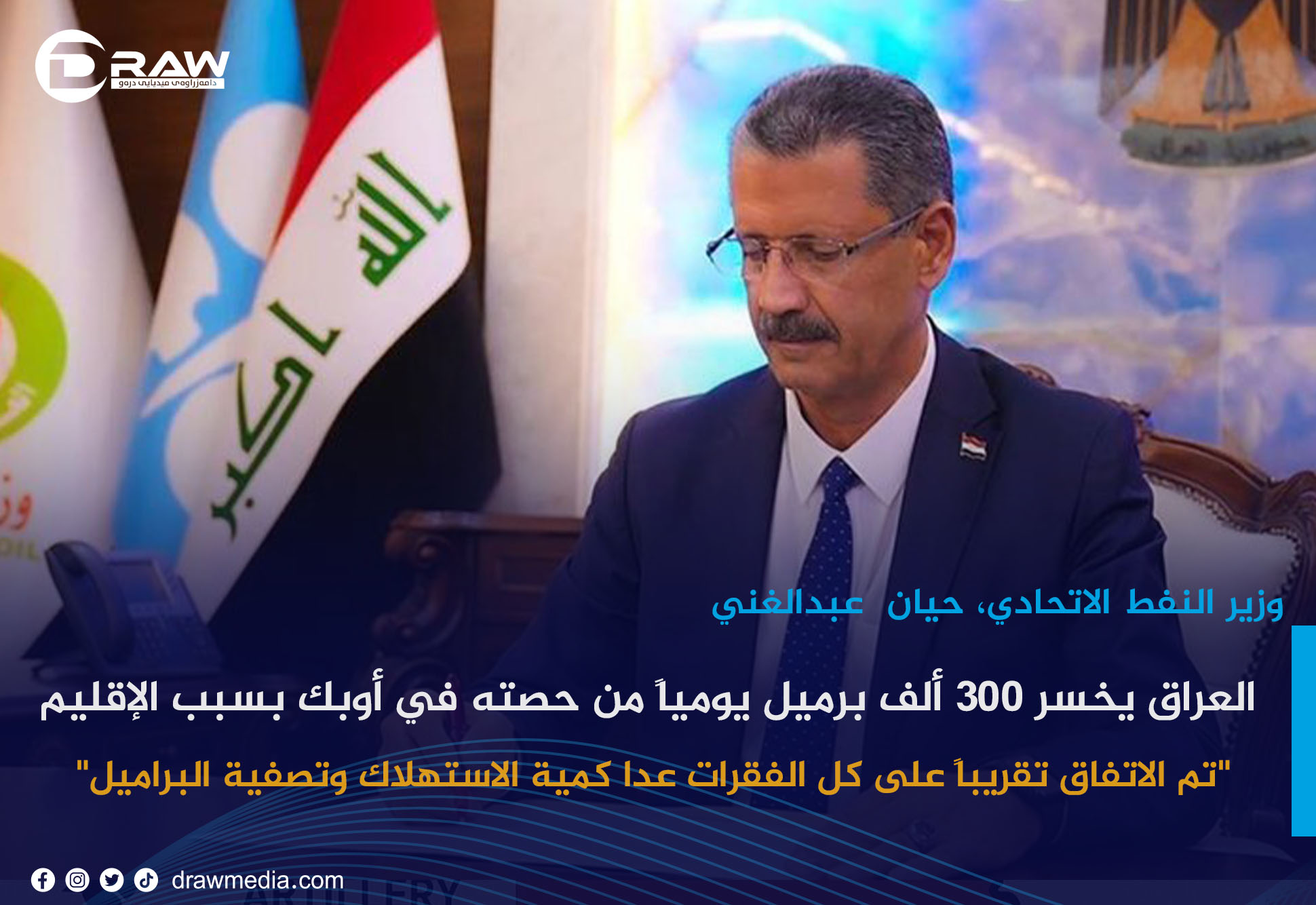 وزير النفط حيان عبد الغني: العراق يخسر 300 ألف برميل يومياً من حصته في أوبك بسبب الإقليم